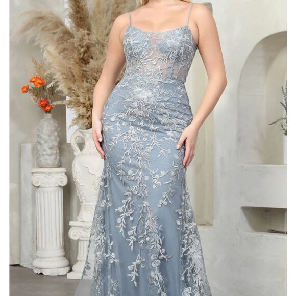 Dusty Blue formal dress.Prom party evening gala military ball fitted gown - Picture 1 of 5